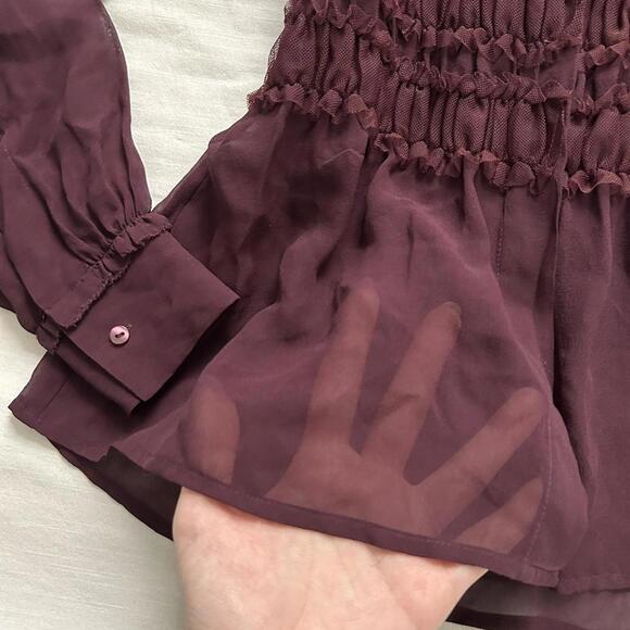 Moda international sheer silk Burgundy Y2K ruffle waist blouse long sleeves - Picture 5 of 8